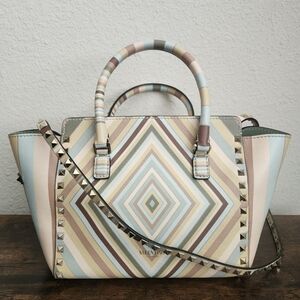 Valentino Multicolor 1975 Striped Leather Rockstud Trapeze Tote Small
